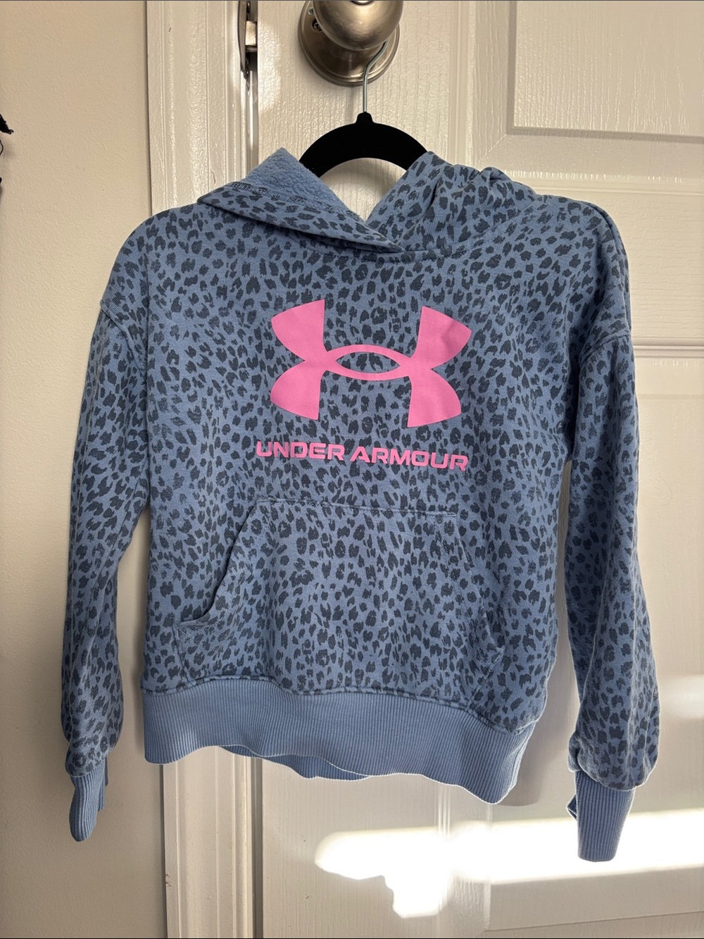 Under Armour Blue Leopard-Print Hoodie with Pink Logo